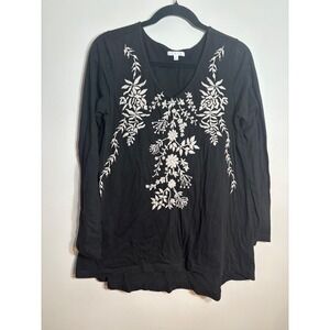 CAITE Black Embroidered V-Neck Long Sleeve Tunic Top Women's Size S